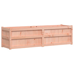 Rectangular solid Douglas wood garden planter with natural finish and slatted sides.