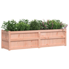 Large rectangular solid Douglas wood garden planter box with green and flowering plants inside