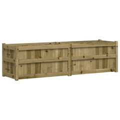 Long rectangular impregnated pine wood garden planter with slatted sides.