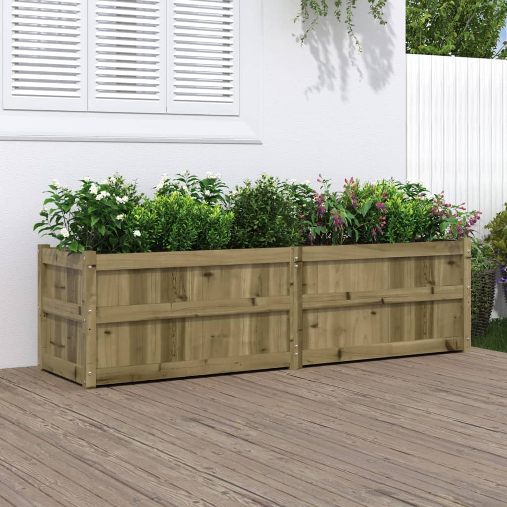 Long rectangular pine wood garden planter with green plants and flowers inside.