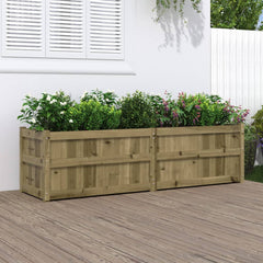 Long rectangular pine wood garden planter with green plants and flowers inside.