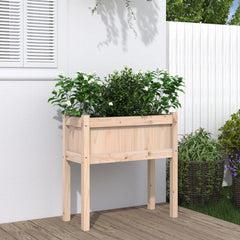 Wooden elevated garden planter with legs filled with green plants against a white wall.