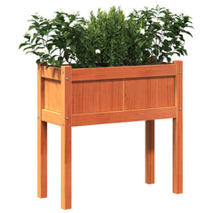 Two brown solid pine wood garden planters with legs, filled with green plants.