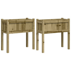Two elevated wooden garden planters made of impregnated pine, shown side by side on legs.