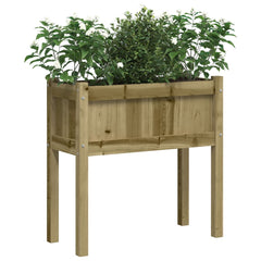 Two elevated wooden garden planters with legs, filled with lush green plants.