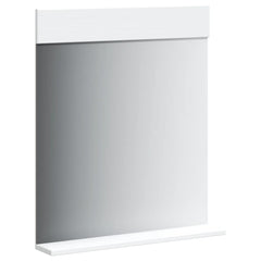 White solid pine wood bathroom mirror with integrated shelf, 23.6x27.6 inches.