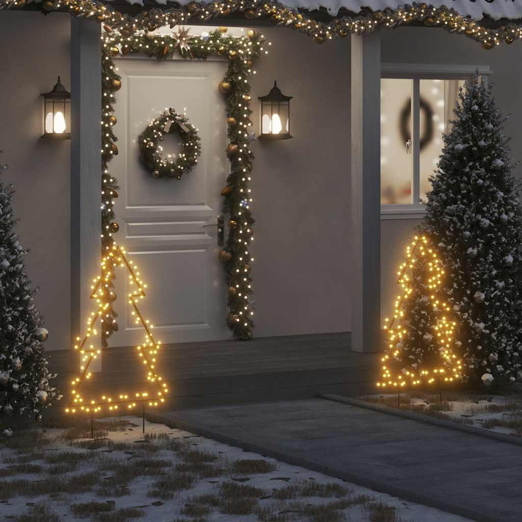 Warm white LED spiked Christmas tree light with 115 LEDs on a 35-inch frame, shown in a snowy outdoor scene.
