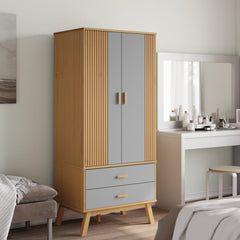 Wardrobe Grey and Brown Solid Pine Wood, Engineered Wood