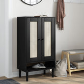 Black rattan look shoe cabinet with solid pine wood and five compartments for storage.