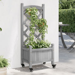 Gray solid fir wood planter with integrated trellis, wheels, and potted climbing plants.