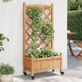 Brown solid fir wood planter with integrated trellis, climbing plants, and wheels.