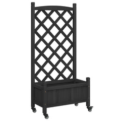 Black solid fir wood planter with integrated trellis and wheels.