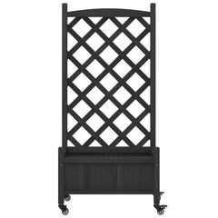Black fir wood planter with trellis and locking wheels for climbing plants.