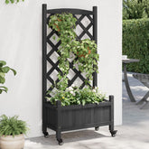 Black fir wood planter with trellis and wheels holding green climbing plants and flowers.