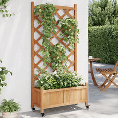Brown solid fir wood planter with integrated trellis and wheels, featuring climbing plants.