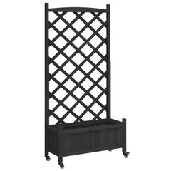 Black solid fir wood planter with trellis and wheels.