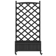 Black solid fir wood planter with integrated trellis and wheels.
