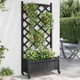 Black wooden fir planter with integrated trellis, wheels, and climbing plants.