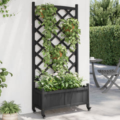 Black wooden fir planter with integrated trellis, wheels, and climbing plants.