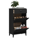 Black engineered wood shoe cabinet with two flip drawers for organizing up to 8 pairs of shoes.