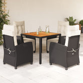 5 Piece Patio Dining Set with Cushions Black Poly Rattan