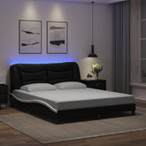 Bed Frame Black and White Faux leather, Metal, Pine Wood, Plywood