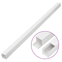White PVC cable trunking with a removable cover, shown in a long piece and two close-ups.