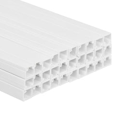 White PVC cable trunking sections, 1x0.6in size, stacked in a bundle.