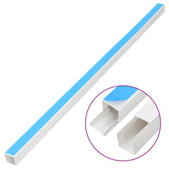 White PVC cable trunking with self-adhesive backing and a blue protective strip on top.