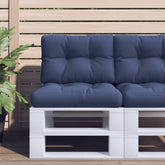 Navy blue pallet cushion made of water-resistant polyester fabric for outdoor use.