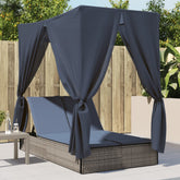 Double Sun Lounger with Roof and Curtains Gray Poly Rattan