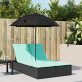 Double Sun Lounger with Cushions&Parasol Black Poly Rattan