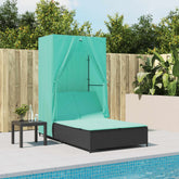 Double Sun Lounger with Roof and Curtains Black Poly Rattan