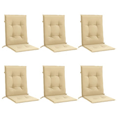 Set of 6 melange beige polyester chair cushions with elastic straps for secure attachment.