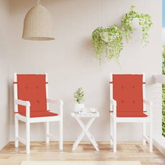 Red fabric lowback chair cushions in a 2-pack with soft foam filling and secure attachment straps.
