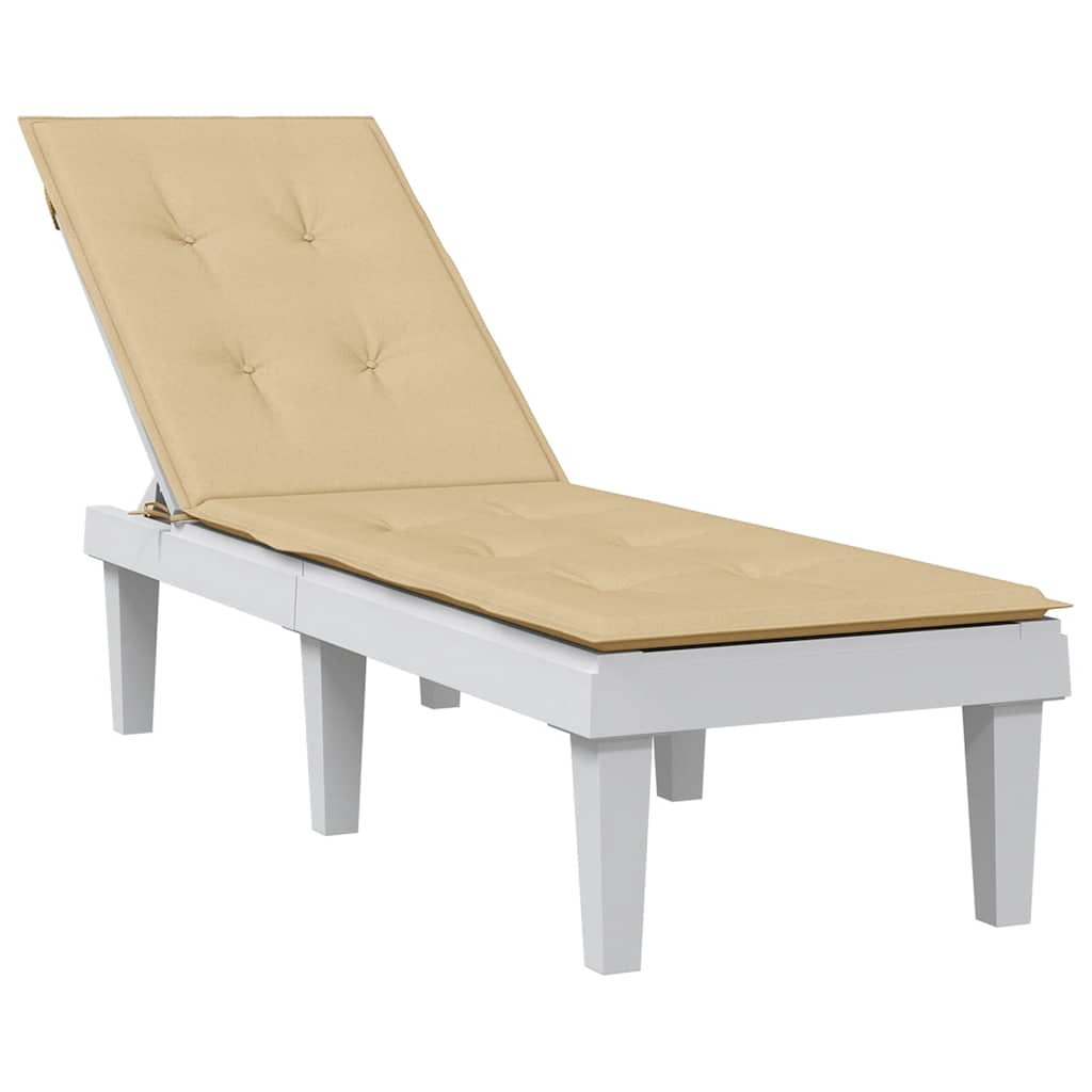 Beige deck chair cushion made of durable polyester with foam filling and non-slip straps.