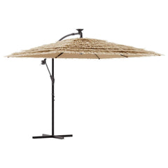 Brown garden parasol with a steel pole, featuring a durable fabric and a natural straw top.