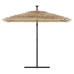 Brown garden parasol with steel pole and 8-layer straw top for UV protection.