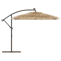 Brown garden parasol with a steel pole, UV protection, and a natural straw top.
