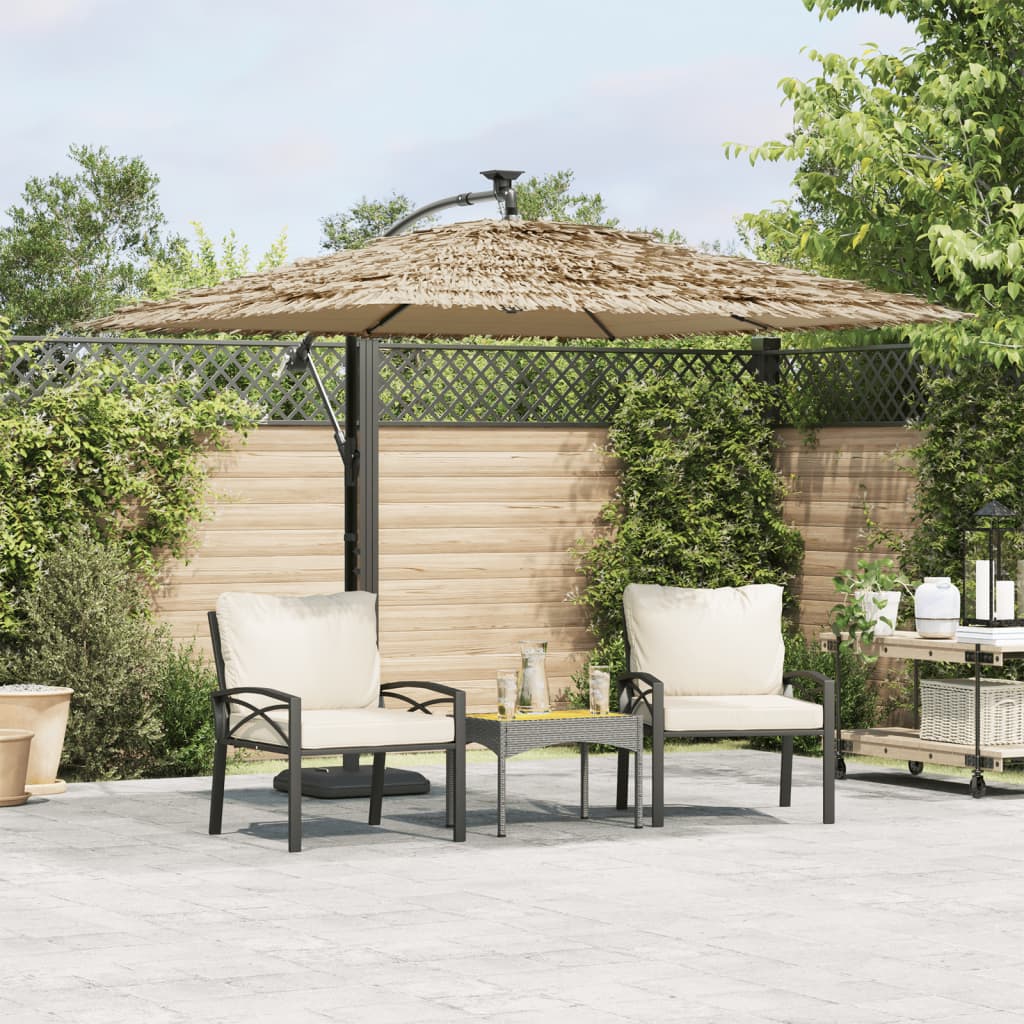 Brown garden parasol with a steel pole and a natural straw top for UV protection.