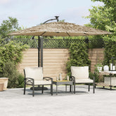 Bostome brown garden parasol with a steel pole, crank system, and straw top for shade.