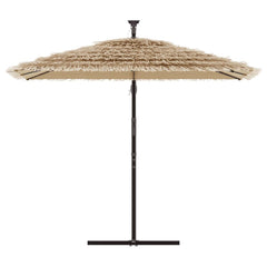 Brown garden parasol with a steel pole and straw top, measuring 114.2 inches wide.
