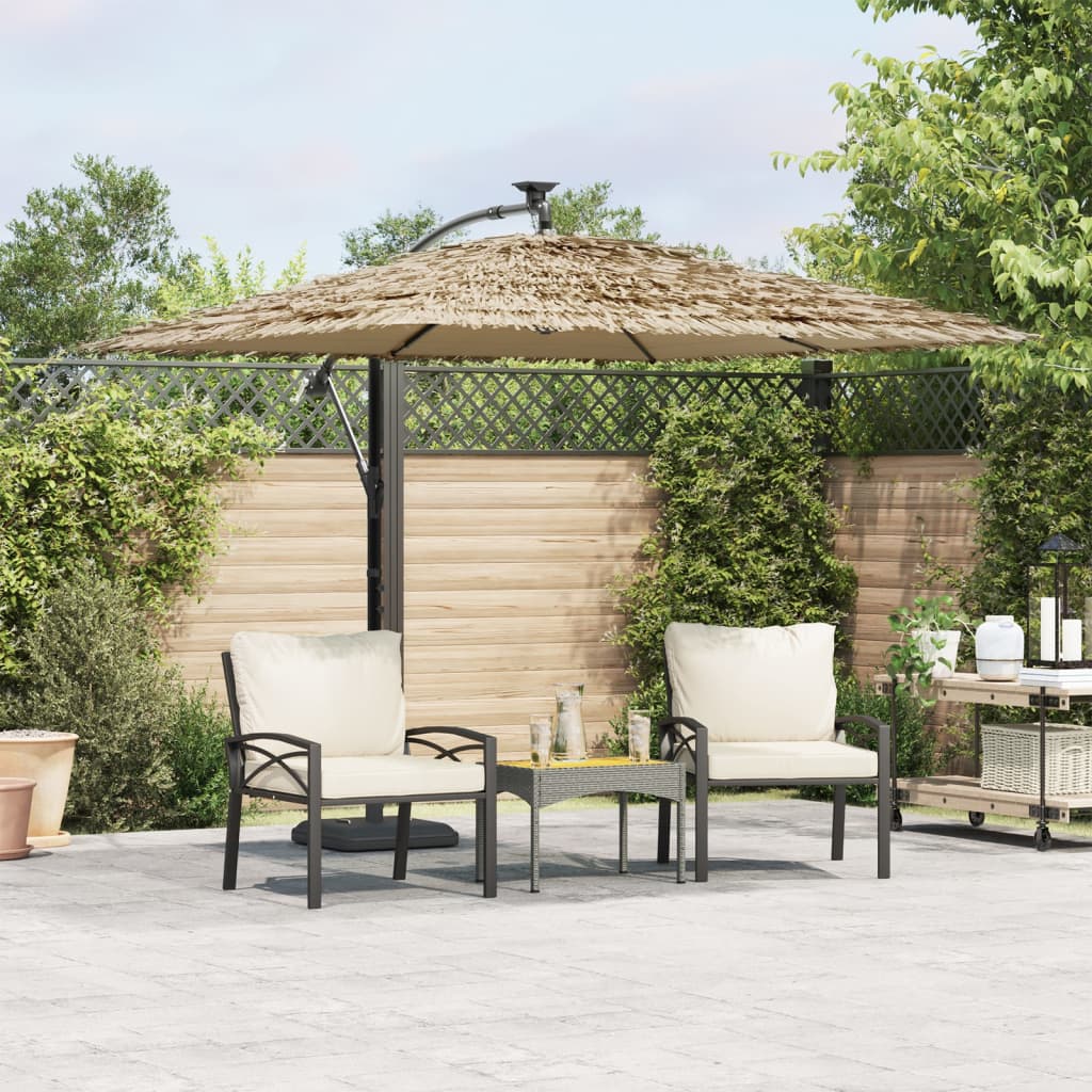 Brown garden parasol with a steel pole and straw top, measuring 114.2 inches wide.
