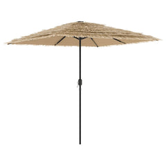 Brown garden parasol with steel pole and 8-layer straw top for outdoor shade.