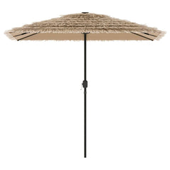 Brown garden parasol with a steel pole and an 8-layer straw top for outdoor shade.