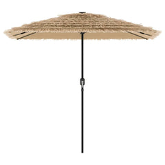 Brown garden parasol with a steel pole and an 8-layer straw top for outdoor shade.