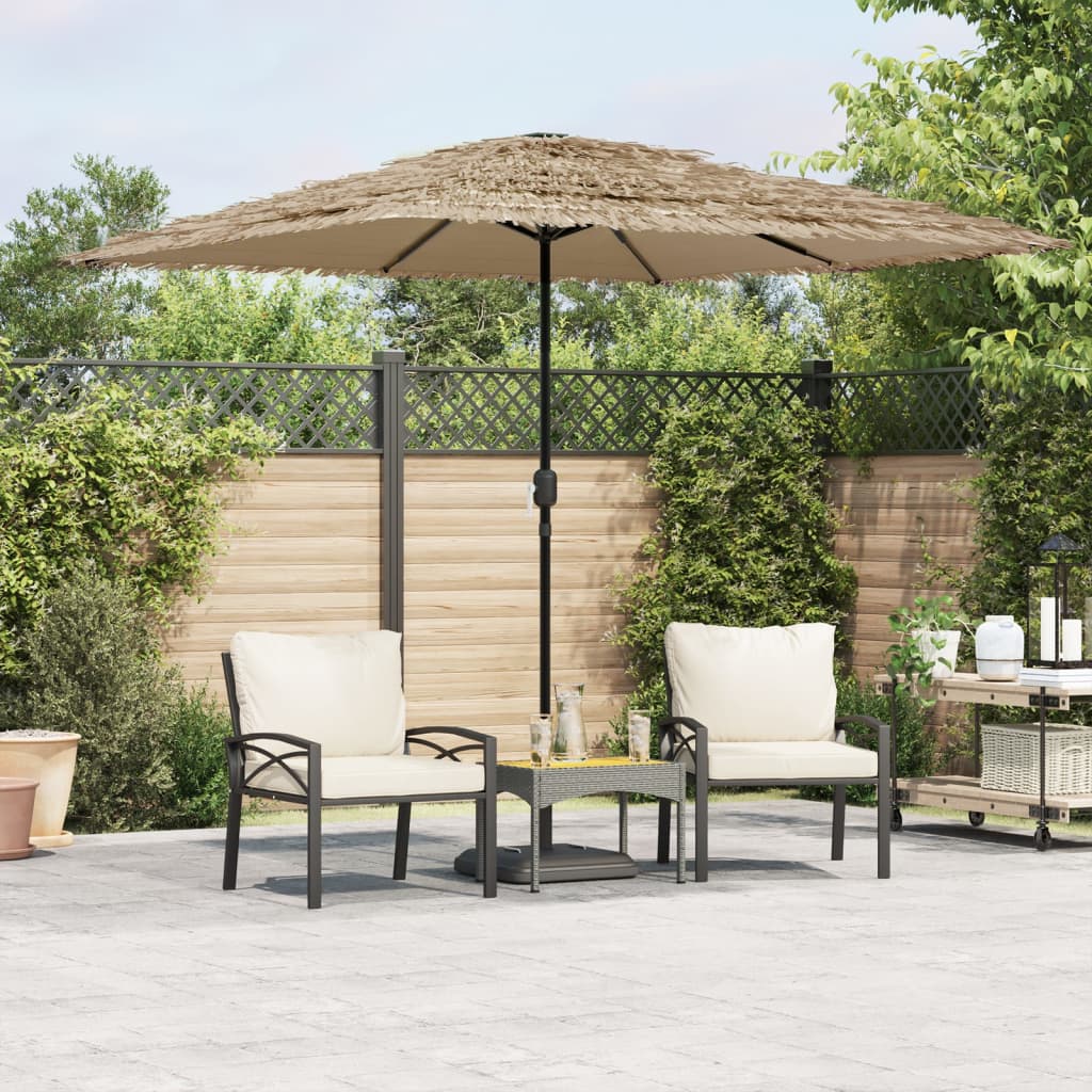 Brown garden parasol with an 8-layer straw top and a sturdy steel pole for outdoor shade.