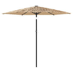 Brown garden parasol with polyester fabric and steel pole, measuring 87.8x87.8x83.9 inches.