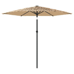 Brown garden parasol with a steel pole and polyester fabric, measuring 87.8x87.8x83.9 inches.