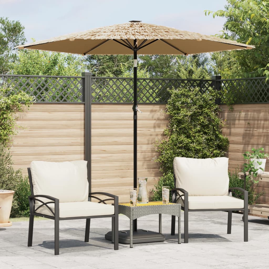 Brown garden parasol with a steel pole and 100% polyester fabric for UV protection.